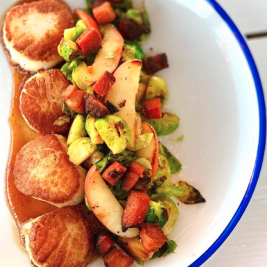 Day Boat Scallops with roasted brussels, apples, pork belly & house made apple butter
